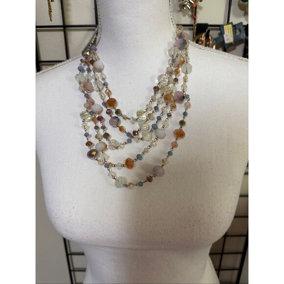 Multi-Strand Faceted Bead Statement Necklace Soft Neutrals & Pastel Glass Beads - Picture 7 of 7
